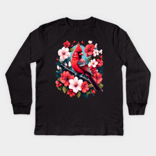 Cute Northern Cardinal Surrounded by Vibrant Spring Flowers Kids Long Sleeve T-Shirt