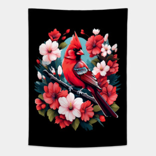 Cute Northern Cardinal Surrounded by Vibrant Spring Flowers Tapestry