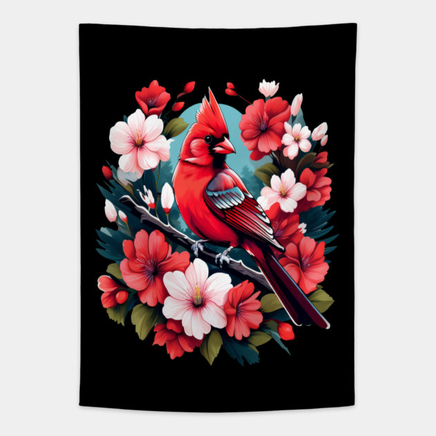 Cute Northern Cardinal Surrounded by Vibrant Spring Flowers Tapestry by BirdsnStuff