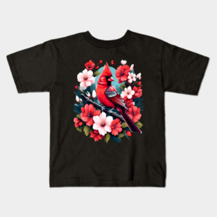 Cute Northern Cardinal Surrounded by Vibrant Spring Flowers Kids T-Shirt