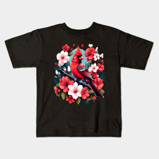 Cute Northern Cardinal Surrounded by Vibrant Spring Flowers Kids T-Shirt by BirdsnStuff