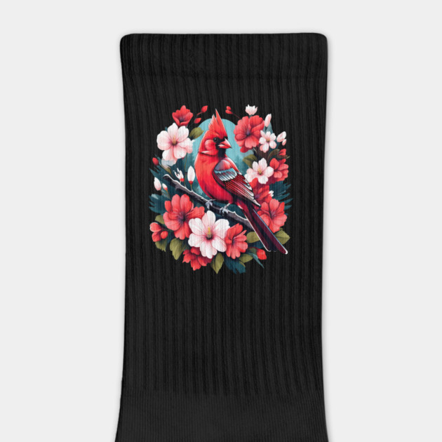 Cute Northern Cardinal Surrounded by Vibrant Spring Flowers by BirdsnStuff