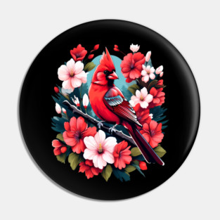 Cute Northern Cardinal Surrounded by Vibrant Spring Flowers Pin