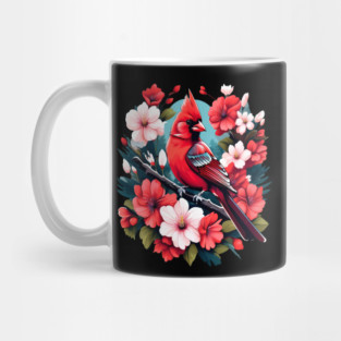 Cute Northern Cardinal Surrounded by Vibrant Spring Flowers Mug