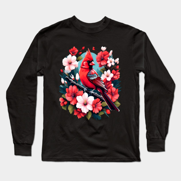 Cute Northern Cardinal Surrounded by Vibrant Spring Flowers Long Sleeve T-Shirt by BirdsnStuff