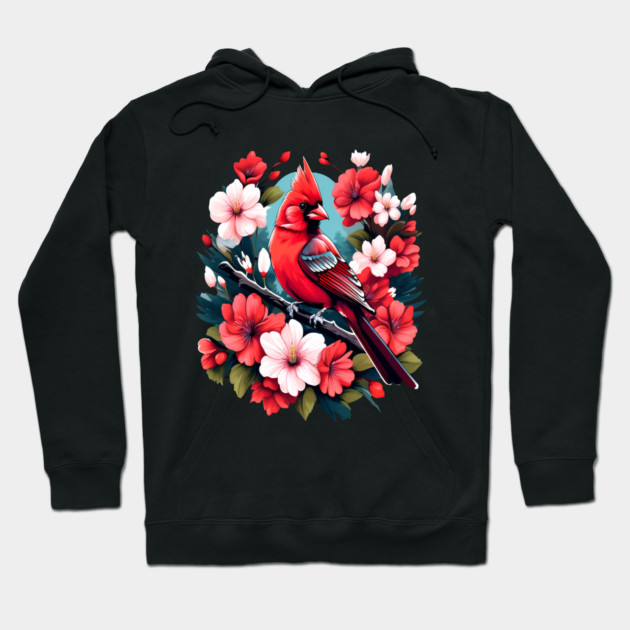 Cute Northern Cardinal Surrounded by Vibrant Spring Flowers Hoodie by BirdsnStuff