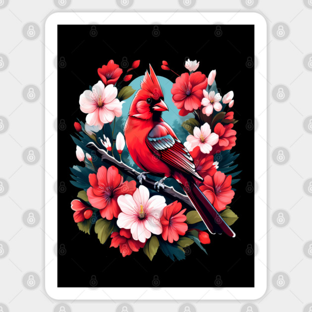 Cute Northern Cardinal Surrounded by Vibrant Spring Flowers Sticker by BirdsnStuff
