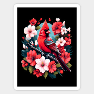 Cute Northern Cardinal Surrounded by Vibrant Spring Flowers Magnet
