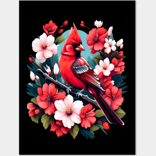 Cute Northern Cardinal Surrounded by Vibrant Spring Flowers Wall Art by BirdsnStuff