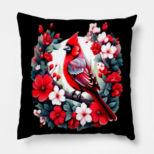 Cute Northern Cardinal Surrounded by Vibrant Spring Flowers Pillow