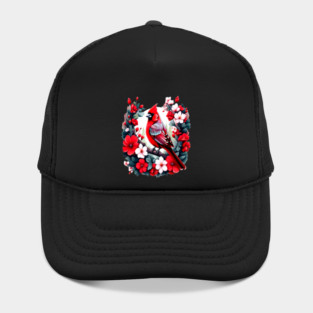 Cute Northern Cardinal Surrounded by Vibrant Spring Flowers Hat