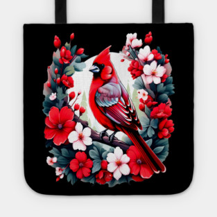Cute Northern Cardinal Surrounded by Vibrant Spring Flowers Tote