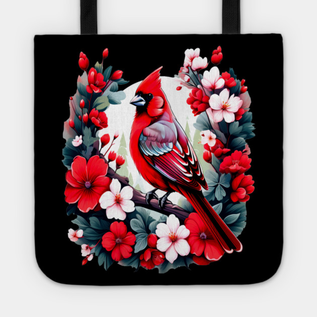 Cute Northern Cardinal Surrounded by Vibrant Spring Flowers Tote by BirdsnStuff