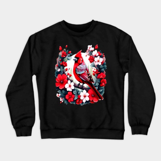 Cute Northern Cardinal Surrounded by Vibrant Spring Flowers Crewneck Sweatshirt by BirdsnStuff