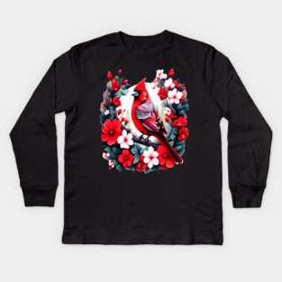 Cute Northern Cardinal Surrounded by Vibrant Spring Flowers Kids Long Sleeve T-Shirt