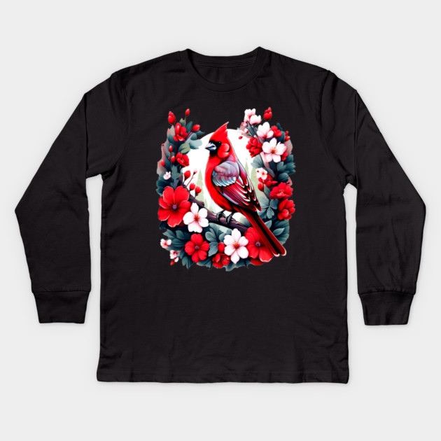 Cute Northern Cardinal Surrounded by Vibrant Spring Flowers Kids Long Sleeve T-Shirt by BirdsnStuff