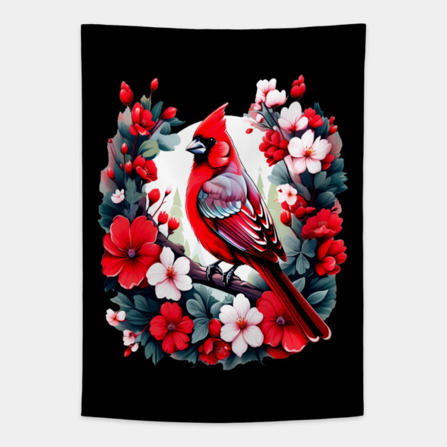 Cute Northern Cardinal Surrounded by Vibrant Spring Flowers Tapestry by BirdsnStuff