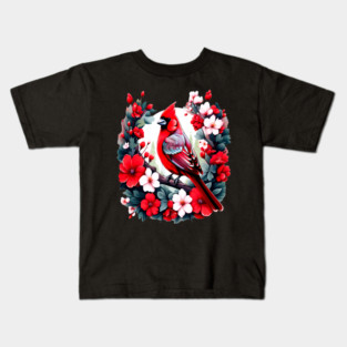 Cute Northern Cardinal Surrounded by Vibrant Spring Flowers Kids T-Shirt