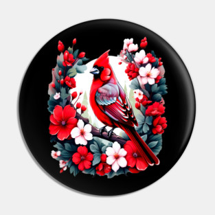 Cute Northern Cardinal Surrounded by Vibrant Spring Flowers Pin