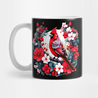 Cute Northern Cardinal Surrounded by Vibrant Spring Flowers Mug