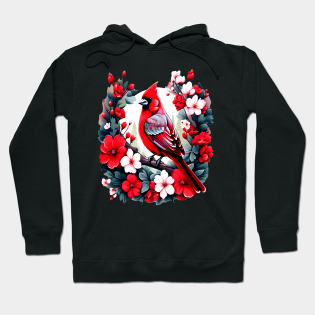 Cute Northern Cardinal Surrounded by Vibrant Spring Flowers Hoodie by BirdsnStuff