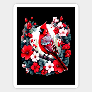 Cute Northern Cardinal Surrounded by Vibrant Spring Flowers Sticker