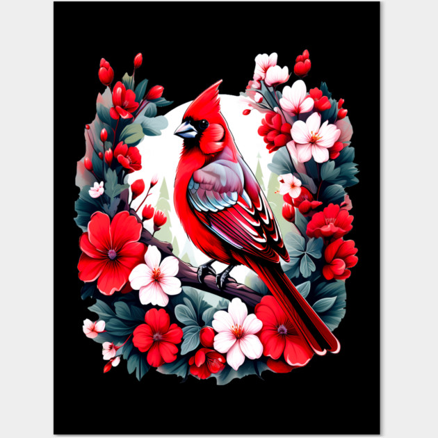 Cute Northern Cardinal Surrounded by Vibrant Spring Flowers Wall Art by BirdsnStuff