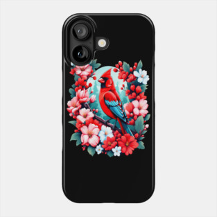 Cute Northern Cardinal Surrounded by Vibrant Spring Flowers Phone Case