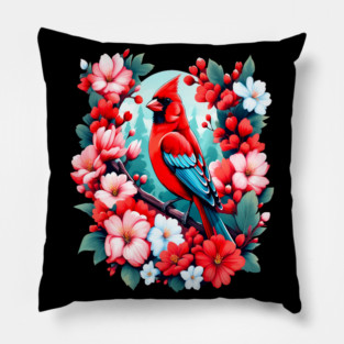Cute Northern Cardinal Surrounded by Vibrant Spring Flowers Pillow