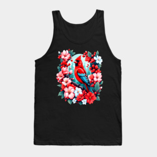 Cute Northern Cardinal Surrounded by Vibrant Spring Flowers Tank Top
