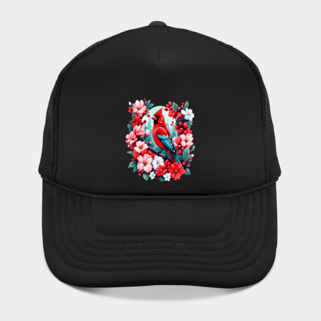 Cute Northern Cardinal Surrounded by Vibrant Spring Flowers by BirdsnStuff