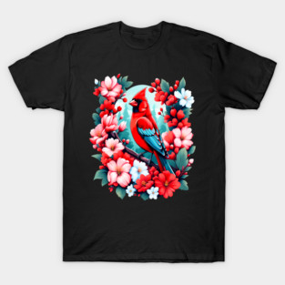 Cute Northern Cardinal Surrounded by Vibrant Spring Flowers T-Shirt