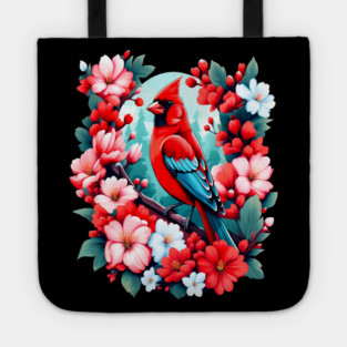Cute Northern Cardinal Surrounded by Vibrant Spring Flowers Tote