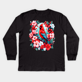 Cute Northern Cardinal Surrounded by Vibrant Spring Flowers Kids Long Sleeve T-Shirt