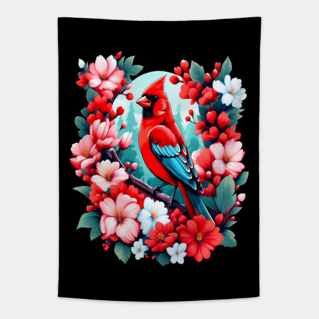 Cute Northern Cardinal Surrounded by Vibrant Spring Flowers Tapestry by BirdsnStuff
