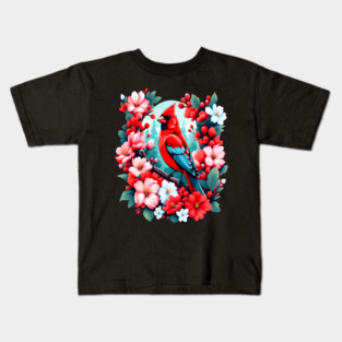 Cute Northern Cardinal Surrounded by Vibrant Spring Flowers Kids T-Shirt