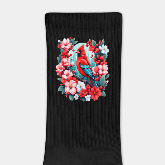 Cute Northern Cardinal Surrounded by Vibrant Spring Flowers by BirdsnStuff