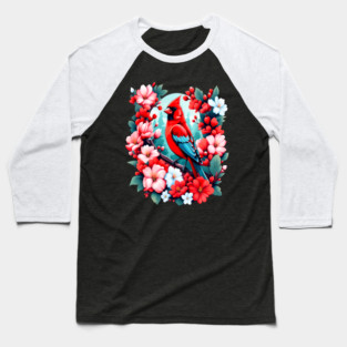 Cute Northern Cardinal Surrounded by Vibrant Spring Flowers Baseball T-Shirt
