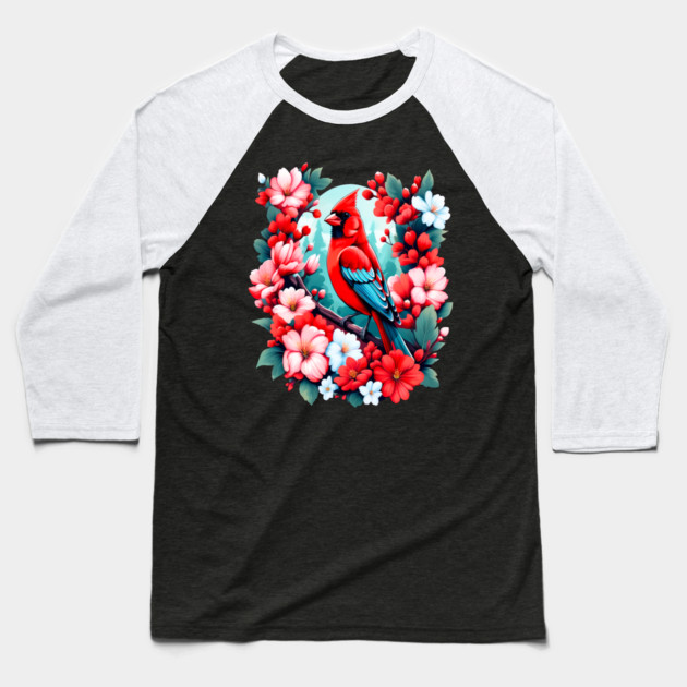 Cute Northern Cardinal Surrounded by Vibrant Spring Flowers Baseball T-Shirt by BirdsnStuff