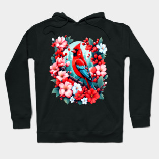 Cute Northern Cardinal Surrounded by Vibrant Spring Flowers Hoodie