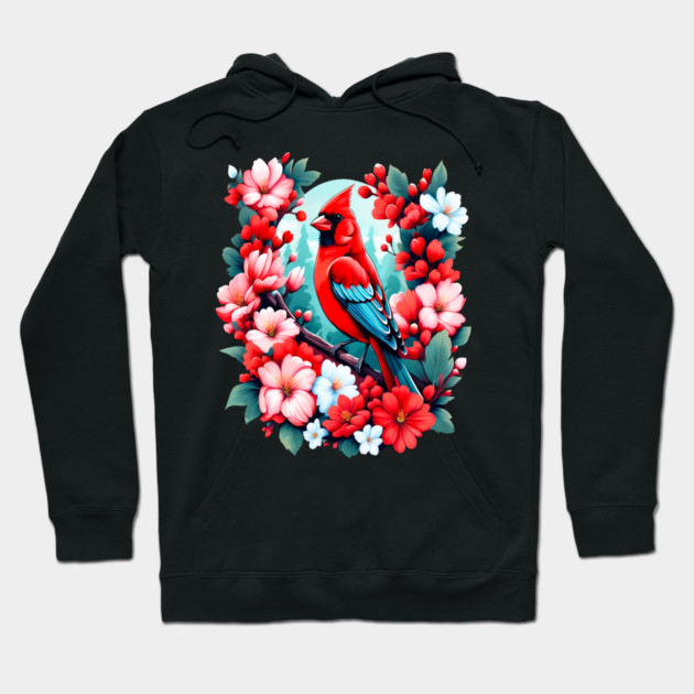 Cute Northern Cardinal Surrounded by Vibrant Spring Flowers Hoodie by BirdsnStuff