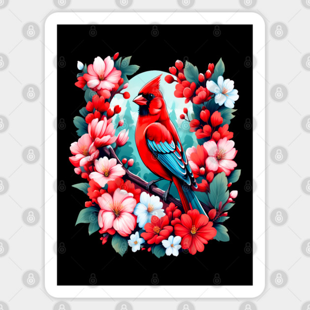 Cute Northern Cardinal Surrounded by Vibrant Spring Flowers Sticker by BirdsnStuff