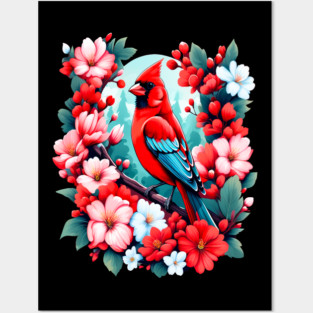 Cute Northern Cardinal Surrounded by Vibrant Spring Flowers Posters and Art