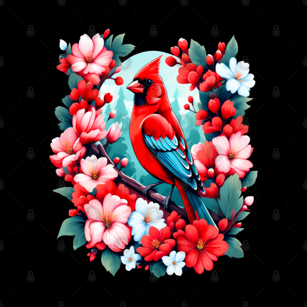 Cute Northern Cardinal Surrounded by Vibrant Spring Flowers by BirdsnStuff
