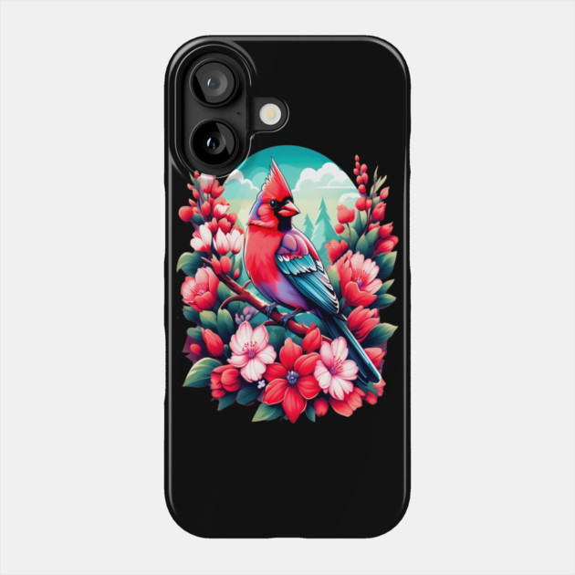 Cute Northern Cardinal Surrounded by Vibrant Spring Flowers Phone Case by BirdsnStuff