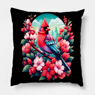 Cute Northern Cardinal Surrounded by Vibrant Spring Flowers Pillow