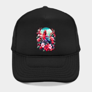 Cute Northern Cardinal Surrounded by Vibrant Spring Flowers Hat