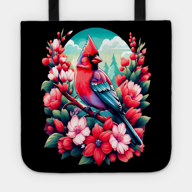 Cute Northern Cardinal Surrounded by Vibrant Spring Flowers Tote by BirdsnStuff