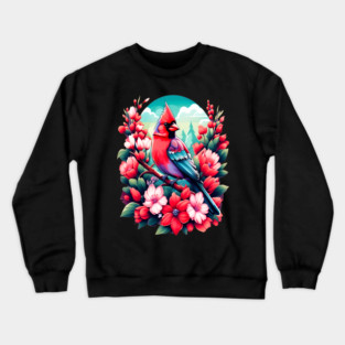 Cute Northern Cardinal Surrounded by Vibrant Spring Flowers Crewneck Sweatshirt