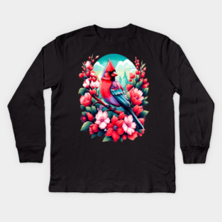 Cute Northern Cardinal Surrounded by Vibrant Spring Flowers Kids Long Sleeve T-Shirt